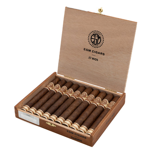 Open box of EGM Maduro Rios cigars with American Broadleaf maduro wrappers