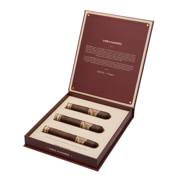 EGM Maduro Gift Box open, showing three cigars and the Linea Maduro lid panel
